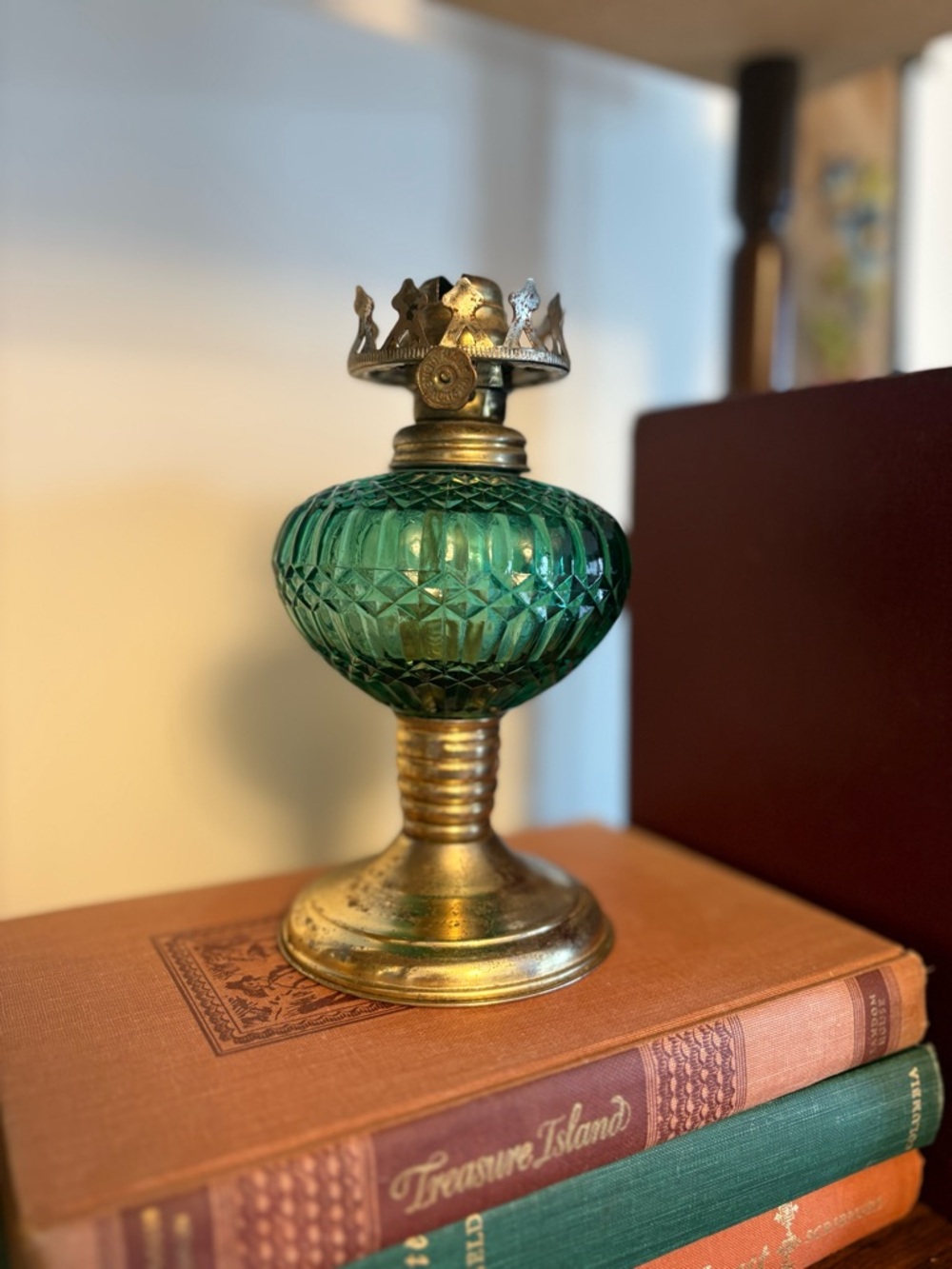 Vintage Green Pressed Glass Oil Lamp with Brass Base